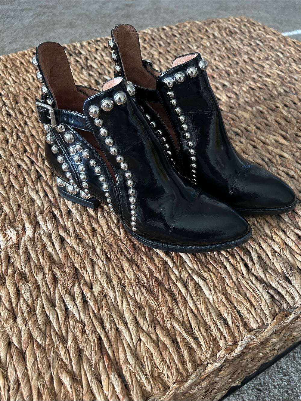 Jeffrey Campbell Rylance Black Patent Silver Studded Ankle Boots Wrap Buckle.